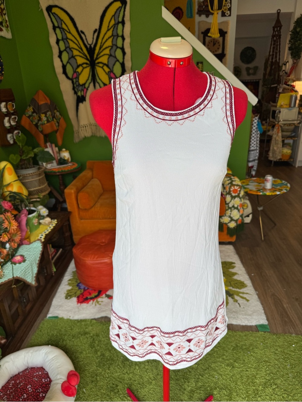 Lulu's White Sleeveless Dress with Red Embroidery